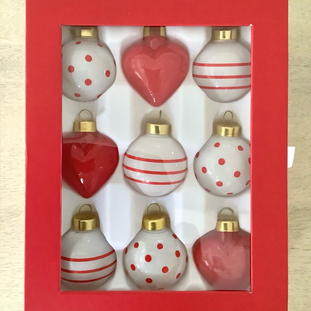 9 Sugar Paper Red Heart Stripe Dot Ornaments